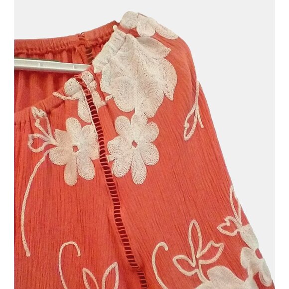 Liv Los Angeles Women Boho Peasant Ruffle Top Embroidered Coral Orange - Med - Picture 2 of 10